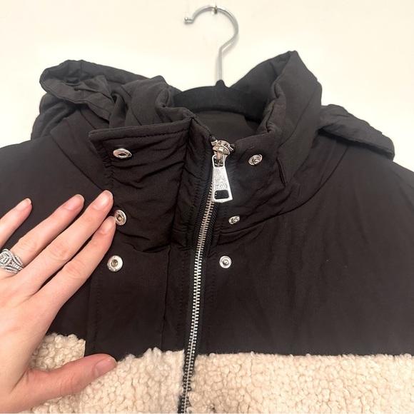 Maje Faux Shearling Padded Quilted Jacket Coat Colorblock Hoodie Sz 1 Oversized - Picture 7 of 16